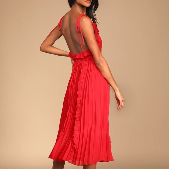 LULUS - Never a Dull Moment Tie-Strap Pleated Dress (XS) in Red - Picture 2 of 7